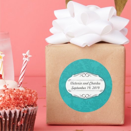 ターコイズモダンティール(緑がかった色)ブルーダマスクウェディング ラウンドシール (パーティー)