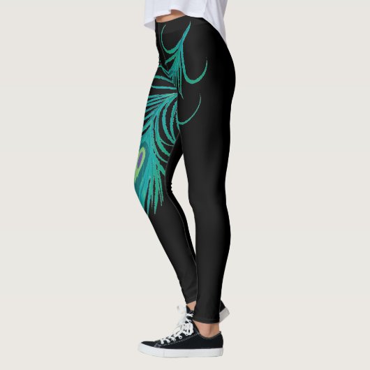 ターコイズモダンピーコックフェザーズブラックレギンス レギンス (左)