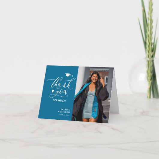 ターコイズモダンミニマル写真卒業 サンキューカード (正面)