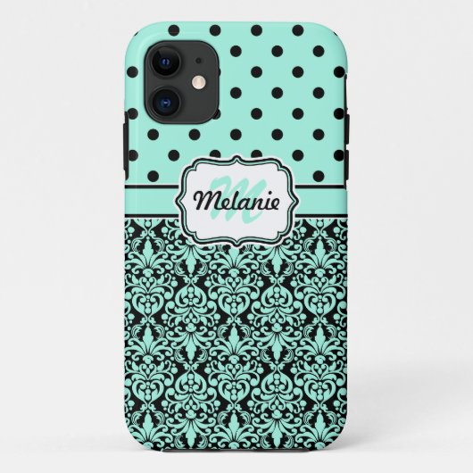 ターコイズモノグラムのダマスク水玉模様パターン Case-Mate iPhoneケース (裏面)