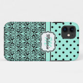 ターコイズモノグラムのダマスク水玉模様パターン Case-Mate iPhoneケース (裏面(横))