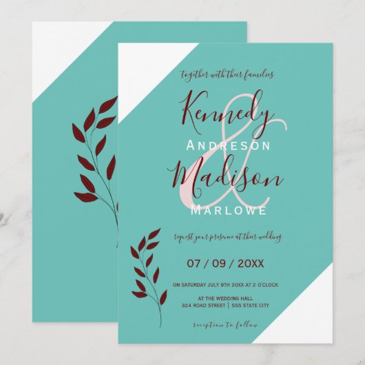 ターコイズモノグラム 💍 現代的幾何学的なエレガンス 招待状 (正面/裏面)