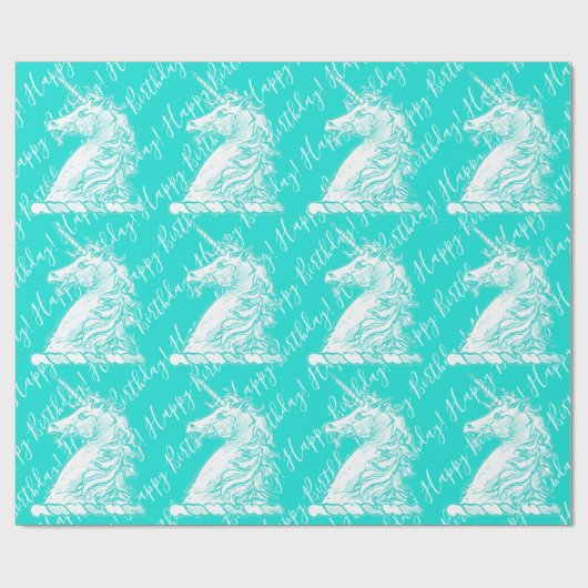 ターコイズユニコーンパターンハッピーバースデー文字 ラッピングペーパー (フラット)