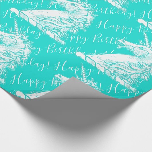 ターコイズユニコーンパターンハッピーバースデー文字 ラッピングペーパー (角)