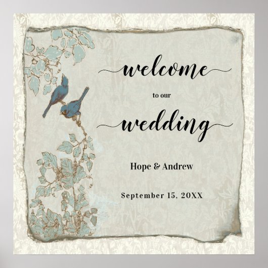 ターコイズラブバードの結婚式ウェルカムサイン ポスター (正面)