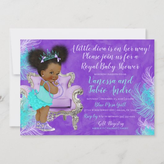 ターコイズラベンダーウォーターカラーベビーシャワー 招待状 (正面)