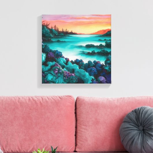 ターコイズランドスケープ(アルコールインク詳細) キャンバスプリント (インサイチュ (リビング))