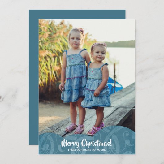 ターコイズリネンFiligree写真クリスマス シーズンカード (正面/裏面)