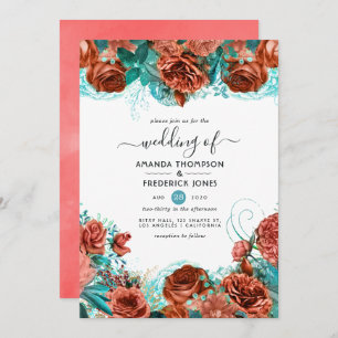ターコイズリビングコーラル素朴フローラ結婚ズ 招待状