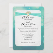 ターコイズリボンの金ゴールドハート結婚 招待状 (正面)