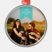 ターコイズリボン |名パーソナライズされた前&年写真 メタルオーナメント (正面)