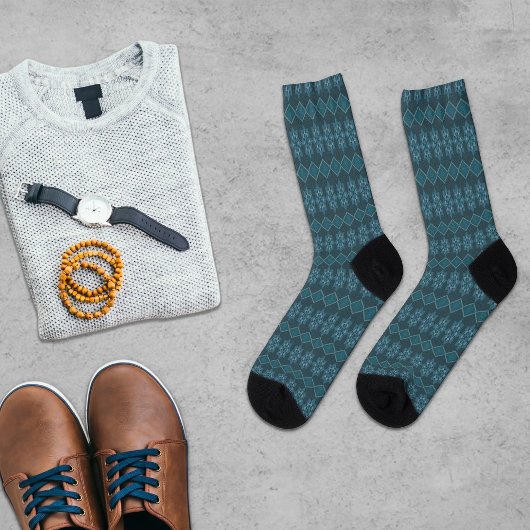 ターコイズリーフィーフローラ八角形と対角パター ソックス