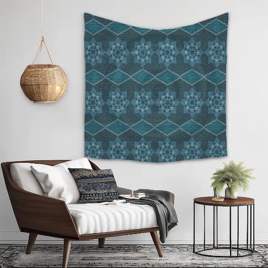 ターコイズリーフィーフローラ八角形と対角線 タペストリー