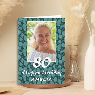 ターコイズリーフパターン80誕生日写真 カード