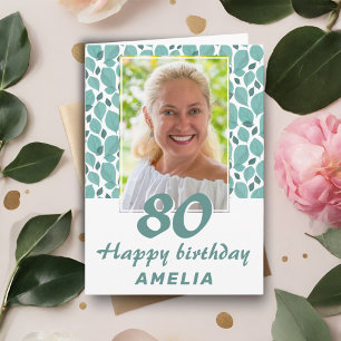 ターコイズリーフパターン80誕生日写真 カード