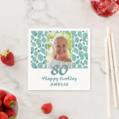 ターコイズリーフ柄 80歳の誕生日パーティー写真 スタンダードカクテルナプキン (インサイチュ)