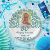 ターコイズリーフ柄 80歳の誕生日パーティー写真 ペーパープレート (パーティー)