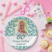 ターコイズリーフ柄 80歳の誕生日パーティー写真 ペーパープレート (パーティー)