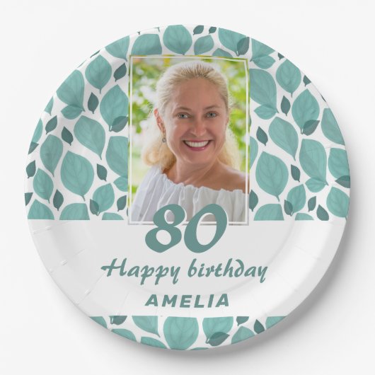 ターコイズリーフ柄 80歳の誕生日パーティー写真 ペーパープレート (正面)
