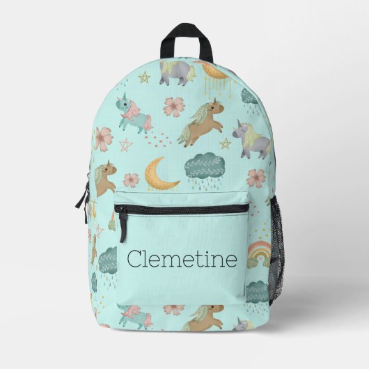 ターコイズレインボーアンドユニコーンバックパック プリントバックパック (正面)