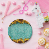 ターコイズレザーツールドブライトサニーサンフラワーズ ペーパープレート (パーティー)