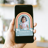 ターコイズレッドの花柄レインボー子供の誕生日招待状 招待状