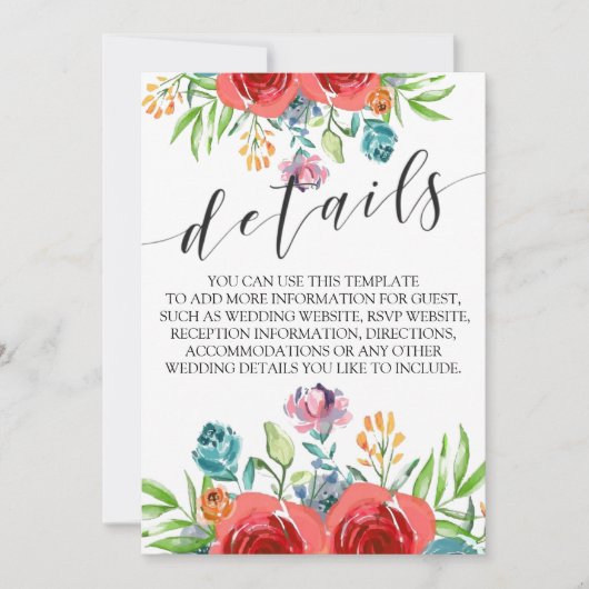 ターコイズレッドオレンジの水彩ローズウェディング詳細 招待状 (正面)