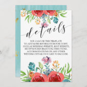 ターコイズレッドオレンジの水彩ローズウェディング詳細 招待状 (正面/裏面)