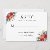 ターコイズレッドオレンジの水彩ローズウェディングRSVP 招待状 (正面)