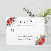 ターコイズレッドオレンジの水彩ローズウェディングRSVP 招待状 (スタンド正面)