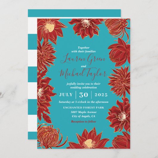 ターコイズレッドフラワーオリエンタル結婚フローラ 招待状 (正面/裏面)