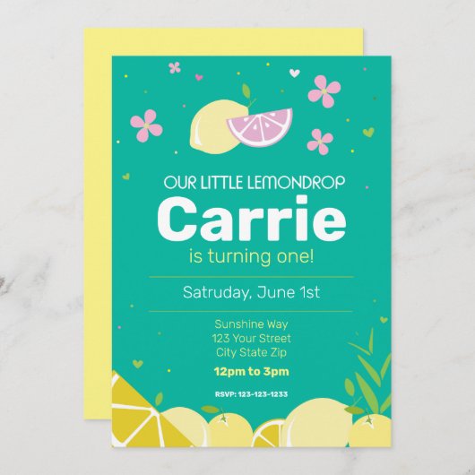 ターコイズレモンドロップバースデーパーティー招待状 招待状 (正面/裏面)