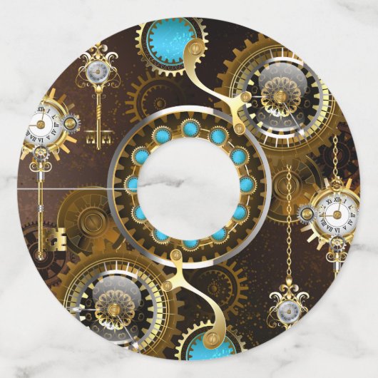 ターコイズレンズの錆びた背景を持つスチームパンク ワイングラスタグ (正面)