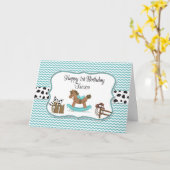 ターコイズロッキングホースパーソナライズされた誕生日 カード (黄色い花)