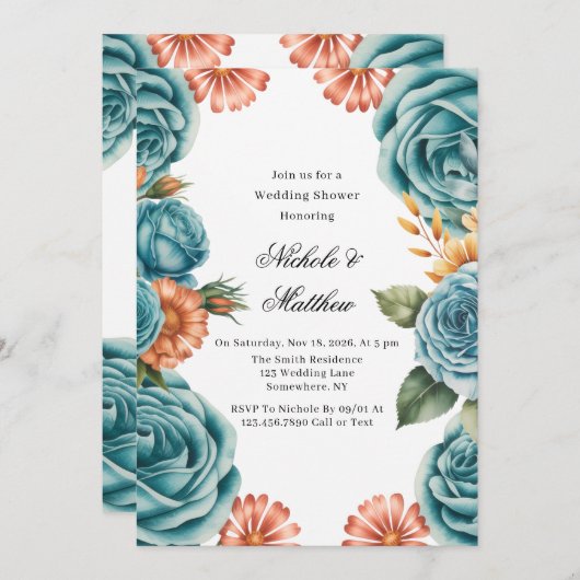 ターコイズローズとオレンジの花のウェディングシャワー 招待状 (正面/裏面)