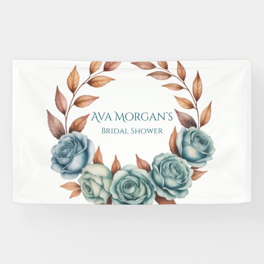 ターコイズローズとコッパーの葉のブライダルシャワー 横断幕 (横)