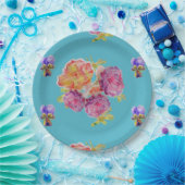 ターコイズローズの花柄パーティープレート ペーパープレート (パーティー)