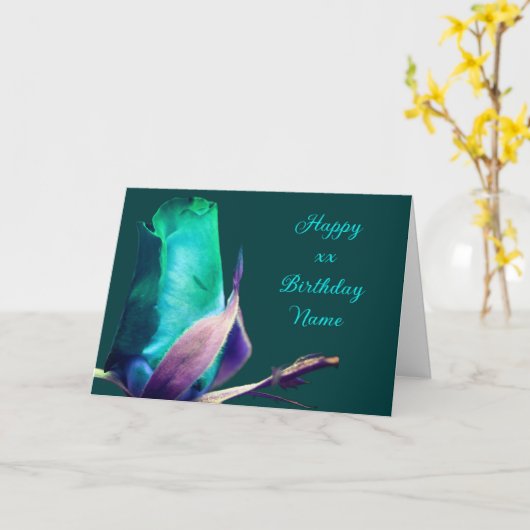 ターコイズローズブドフラワーパーソナライズされた誕生日 カード (黄色い花)