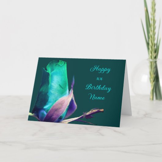 ターコイズローズブドフラワーパーソナライズされた誕生日 カード (正面)