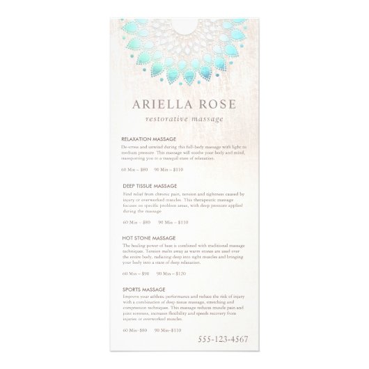 ターコイズロータスマッサージセラピスト価格表メニュー ラックカード (正面)