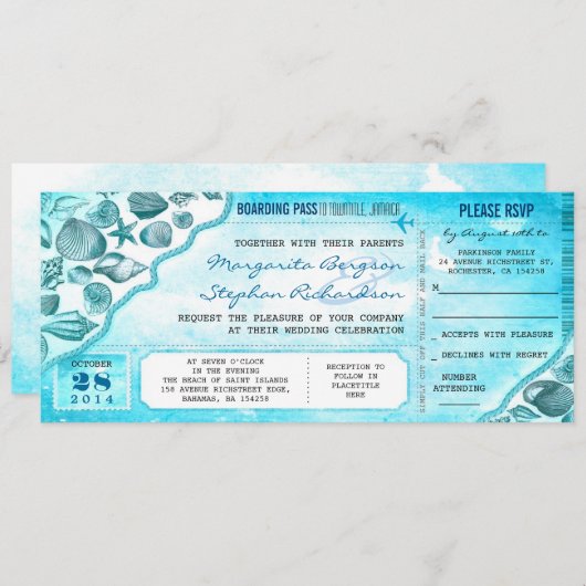 ターコイズ先結婚式チケット招待状 招待状 (正面/裏面)