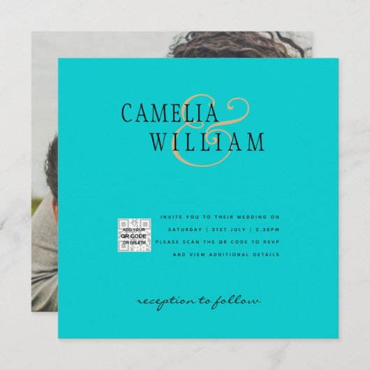 ターコイズ写真の結婚式の招待QRコード救日付 (正面/裏面)