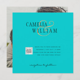 ターコイズ写真の結婚式の招待QRコード救日付