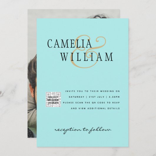 ターコイズ写真の結婚式の招待QRコード救日付 招待状 (正面/裏面)