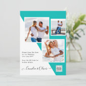 ターコイズ写真の結婚式の招待QRコード救日付 招待状 (スタンド正面)