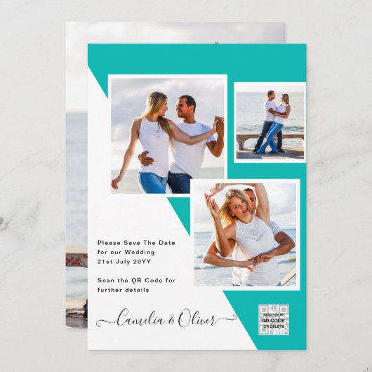 ターコイズ写真の結婚式の招待QRコード救日付 招待状 (正面/裏面)