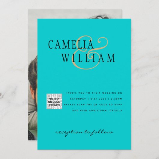 ターコイズ写真の結婚式の招待QRコード救日付 招待状 (正面/裏面)
