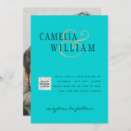 ターコイズ写真の結婚式の招待QRコード救日付 招待状