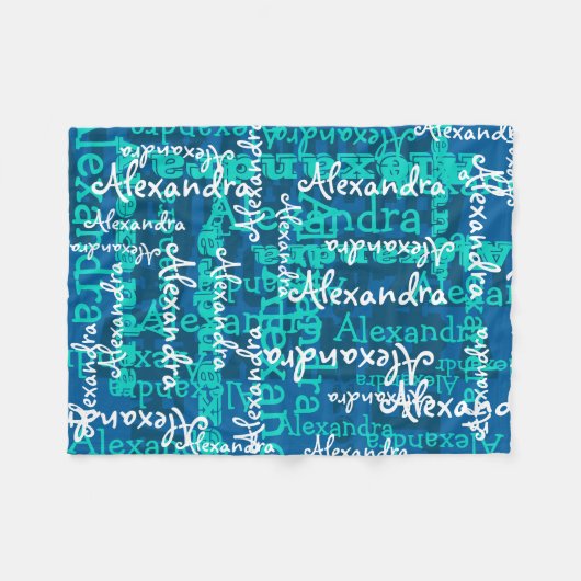 ターコイズ凍っていアイスブルーガールズネームコラージュ フリースブランケット (正面(横))