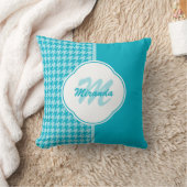 ターコイズ千鳥格子ののモノグラムと名前 クッション (ブランケット)